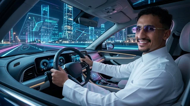 رجل سعودي يقود سيارة كهربائية مستقبلية في المدينة ليلاً