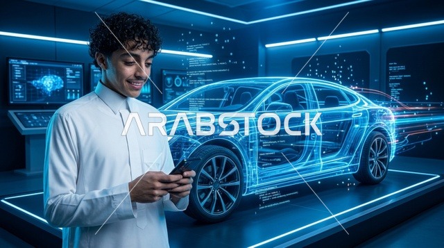 شاب سعودي يستخدم الهاتف مع هولوغرام سيارة ثلاثي الأبعاد