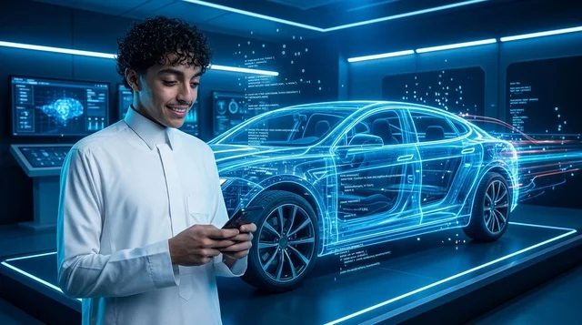 شاب سعودي يستخدم الهاتف مع هولوغرام سيارة ثلاثي الأبعاد