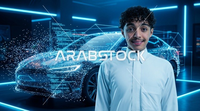 شاب عربي في مختبر تقني مع مجسم هولوغرام لسيارة ذكية