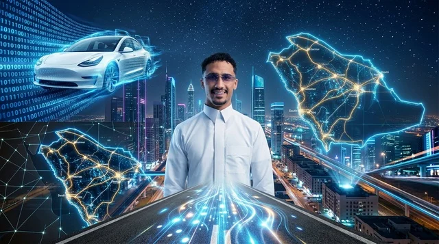 رجل أعمال سعودي في مدينة ذكية مستقبلية هولوجرامية