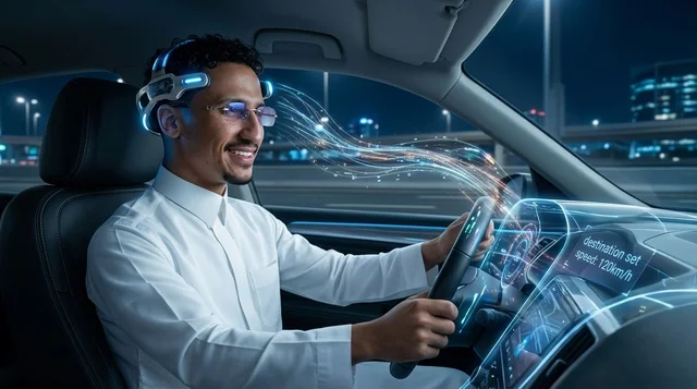 رجل سعودي يقود سيارة مستقبلية ذكية مع شاشة هولوغرام