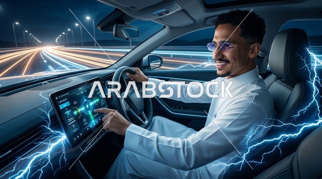 رجل عربي يقود سيارة كهربائية ذكية في الليل مع شاشة