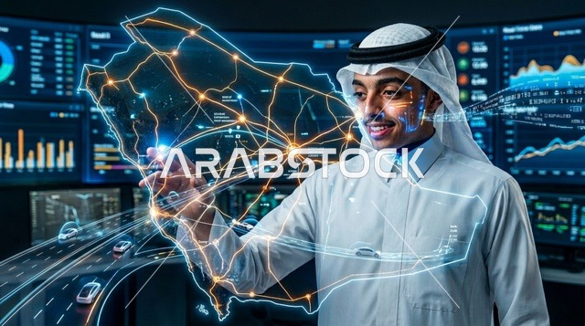رجل سعودي يتفاعل مع خريطة هولوغرام رقمية في غرفة التحكم