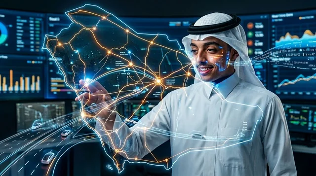 رجل سعودي يتفاعل مع خريطة هولوغرام رقمية في غرفة التحكم