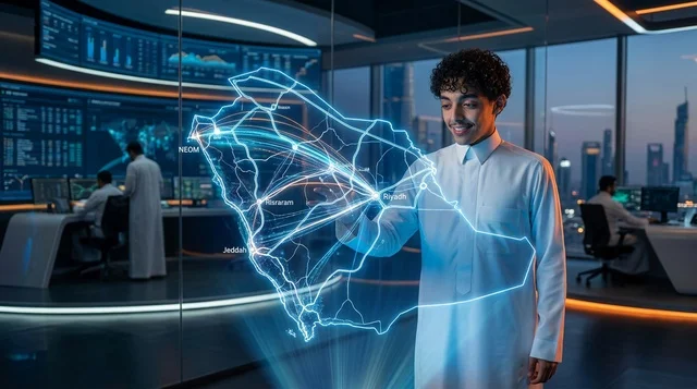 شاب سعودي مع خريطة هولوجرام تفاعلية في غرفة تحكم ذكية