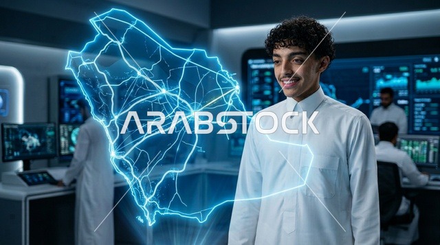 شاب سعودي ينظر إلى خريطة هولوجرامية في مختبر تقني