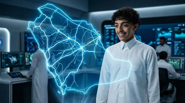 شاب سعودي ينظر إلى خريطة هولوجرامية في مختبر تقني