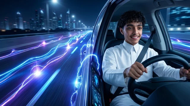 شاب سعودي مبتسم يقود سيارة كهربائية مستقبلية ليلاً