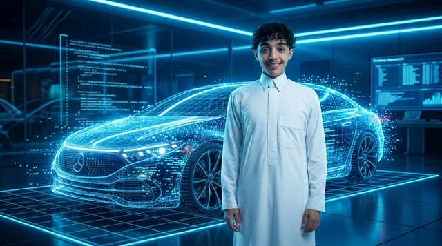 شاب سعودي يقف مع مجسم هولوجرامي لسيارة في مختبر حديث