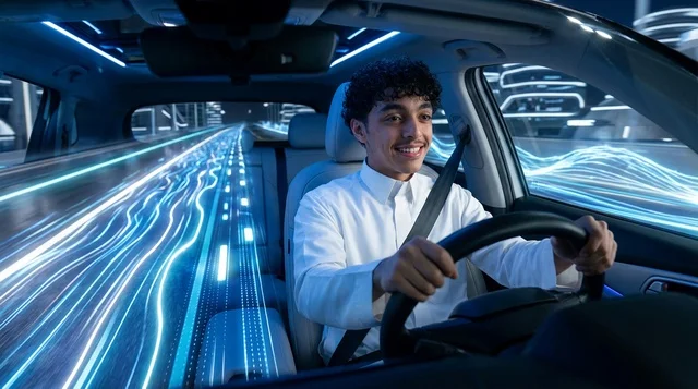 شاب عربي يرتدي الثوب ويقود سيارة مستقبلية حديثة