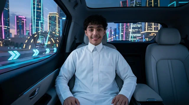 شاب سعودي في المقعد الخلفي لسيارة ذكية مستقبلية