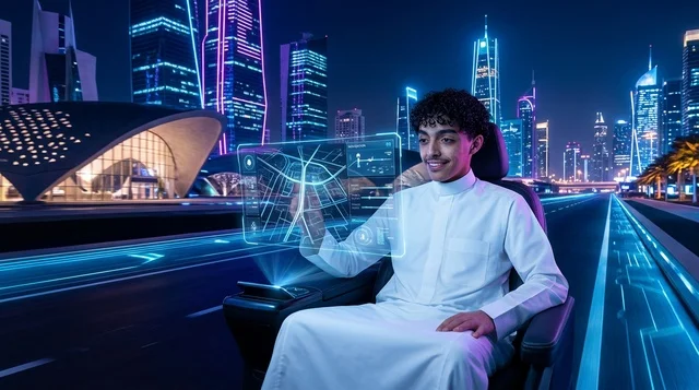 شاب سعودي في مركبة ذاتية القيادة مستقبلية ليلاً