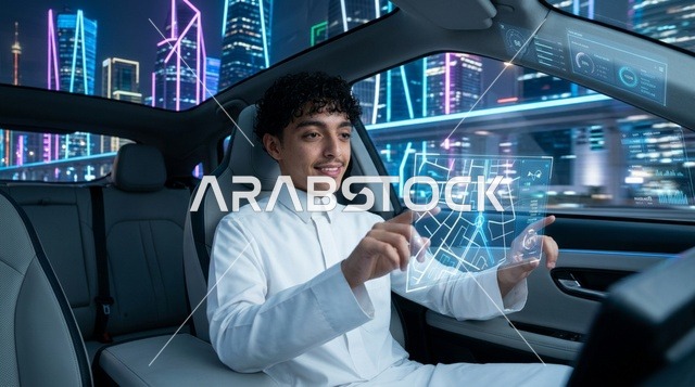 رجل سعودي داخل سيارة ذاتية القيادة مع خريطة هولوغرام
