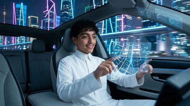 رجل سعودي داخل سيارة ذاتية القيادة مع خريطة هولوغرام