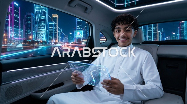شاب سعودي في سيارة ذاتية القيادة مع جهاز لوحي