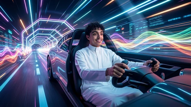 شاب سعودي يرتدي الثوب ويقود سيارة مستقبلية في نفق نيون