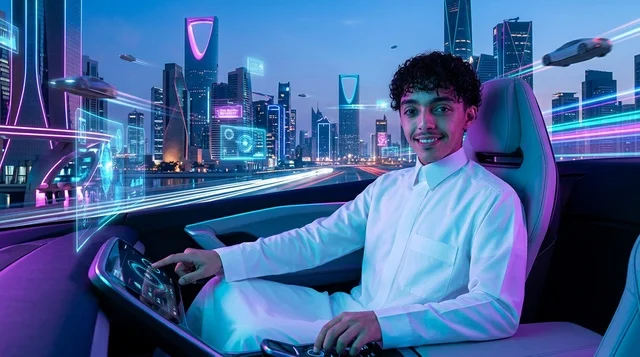 رجل سعودي داخل سيارة مستقبلية ذاتية القيادة بالرياض