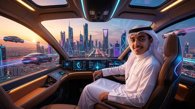 شاب سعودي داخل سيارة ذاتية القيادة في الرياض