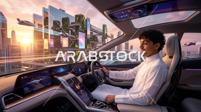 سيارة المستقبل الذكية مع رجل عربي في مدينة ذكية