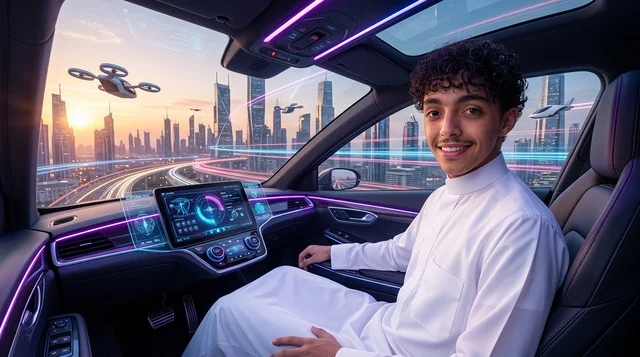 شاب سعودي داخل سيارة ذاتية القيادة في مدينة مستقبلية