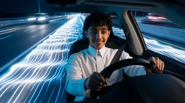 شاب عربي يقود سيارة حديثة مع تكنولوجيا رقمية ليلا