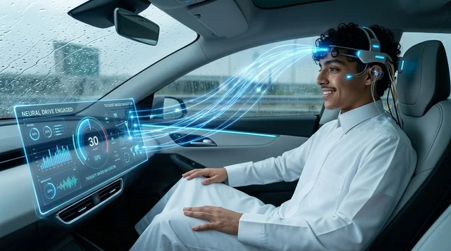 شاب عربي يستخدم واجهة عصبية مستقبلية لقيادة السيارة