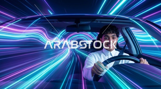 شاب عربي سعودي يقود سيارة ذكية مع تأثيرات نيون سريعة