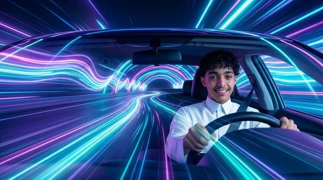 شاب عربي سعودي يقود سيارة ذكية مع تأثيرات نيون سريعة