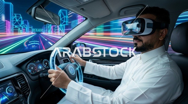 رجل عربي يرتدي نظارة واقع افتراضي يقود سيارة مستقبلية