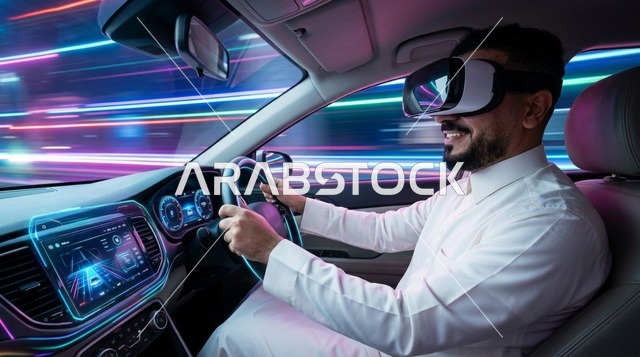 رجل سعودي يرتدي نظارة واقع افتراضي يقود سيارة مستقبلية