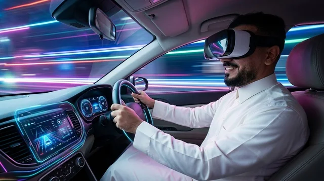 رجل سعودي يرتدي نظارة واقع افتراضي يقود سيارة مستقبلية