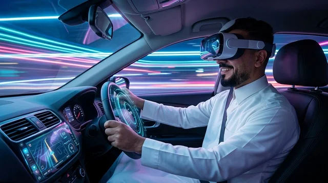 Arab Man Driving Car Wearing VR Headset Simulator