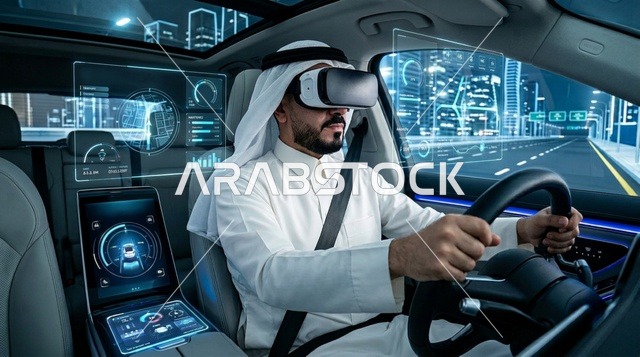 رجل عربي يرتدي نظارة واقع افتراضي في سيارة مستقبلية