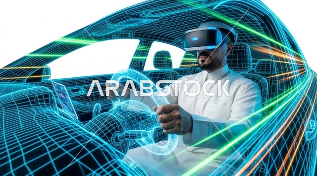 رجل سعودي بنظارة واقع افتراضي يقود سيارة رقمية