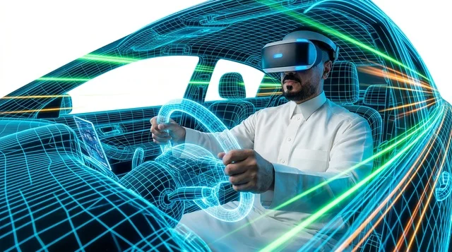 رجل سعودي بنظارة واقع افتراضي يقود سيارة رقمية