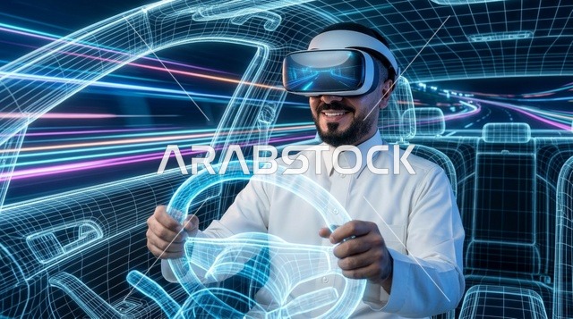 Arab Man in VR Headset Driving Holographic Car Simulator