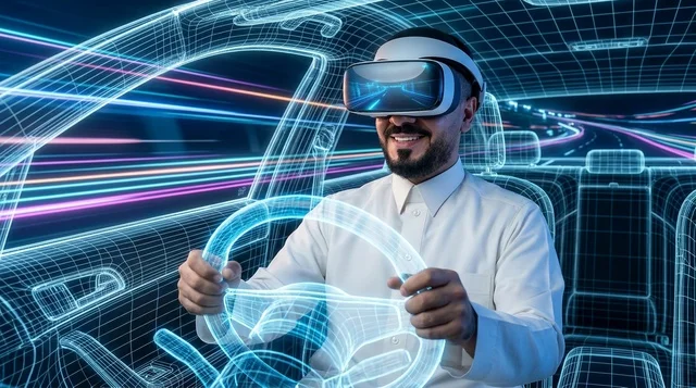 Arab Man in VR Headset Driving Holographic Car Simulator