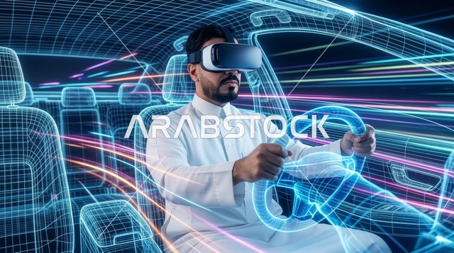 رجل سعودي يرتدي نظارة واقع افتراضي يقود سيارة مستقبلية