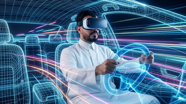 رجل سعودي يرتدي نظارة واقع افتراضي يقود سيارة مستقبلية