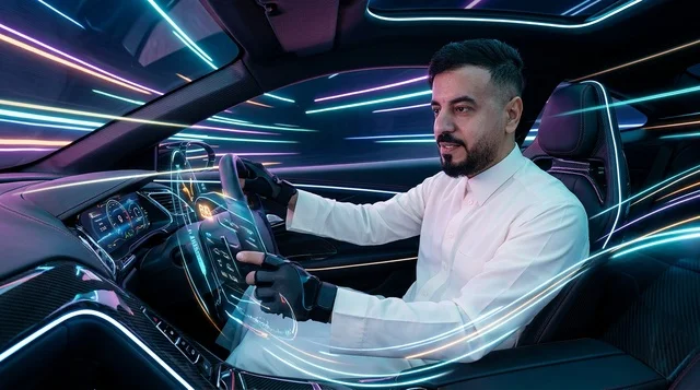 رجل سعودي يقود سيارة مستقبلية ذات أنوار نيون