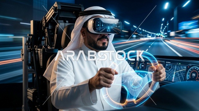 رجل عربي يستخدم محاكي القيادة بالواقع الافتراضي