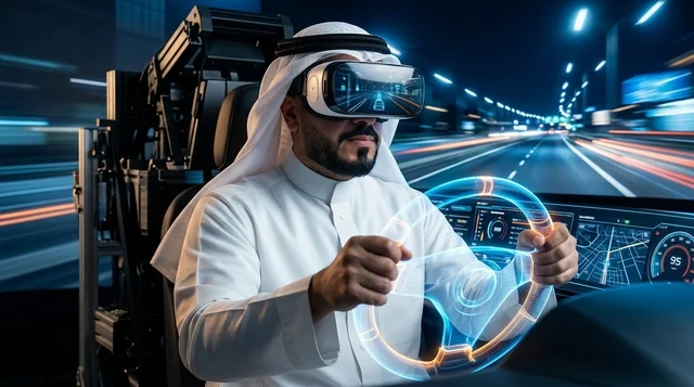 رجل عربي يستخدم محاكي القيادة بالواقع الافتراضي