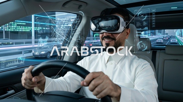 رجل سعودي يقود سيارة بنظارة الواقع الافتراضي واجهات رقمية