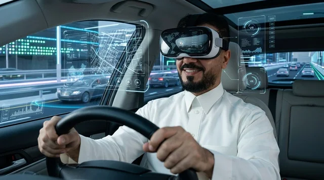 رجل سعودي يقود سيارة بنظارة الواقع الافتراضي واجهات رقمية