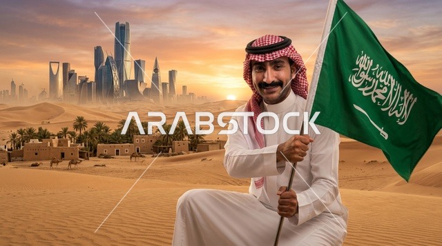 رجل سعودي يحمل العلم الوطني في صحراء الرياض مع أفق المدينة