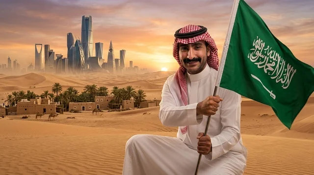 رجل سعودي يحمل العلم الوطني في صحراء الرياض مع أفق المدينة