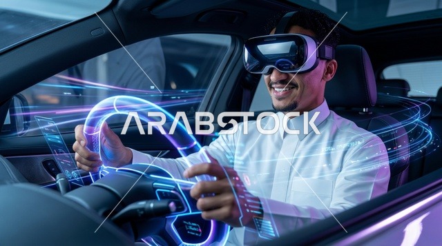 رجل سعودي يرتدي نظارة واقع افتراضي يقود سيارة ذكية