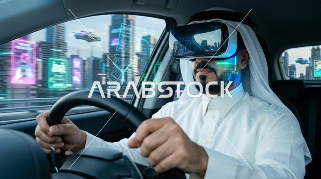 رجل عربي يرتدي نظارة واقع افتراضي يقود سيارة مستقبلية
