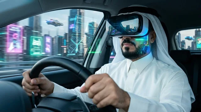 رجل عربي يرتدي نظارة واقع افتراضي يقود سيارة مستقبلية